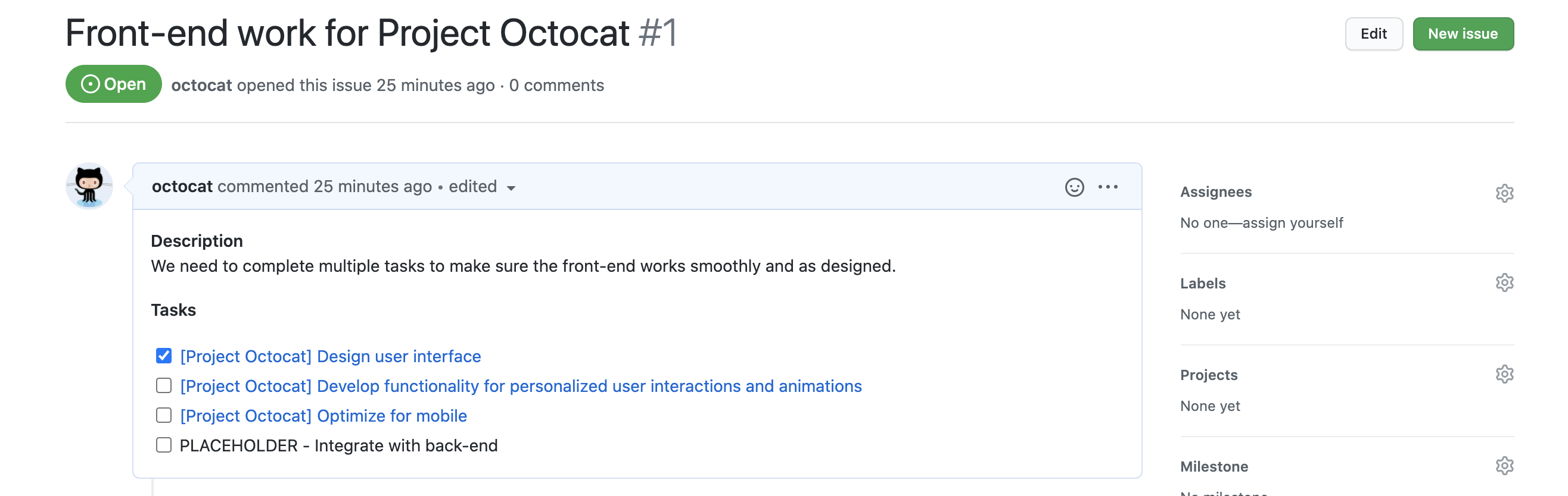 Capture d’écran d’un problème appelé « Travail front-end pour Project Octocat ». Le corps du problème contient une liste des tâches, avec une case à cocher précédant chaque lien de problème.