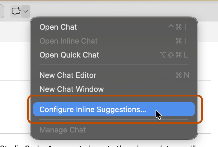 Screenshot der Option im GitHub Copilot-Dropdownmenü. "Inlinevorschläge konfigurieren" ist orange hervorgehoben.