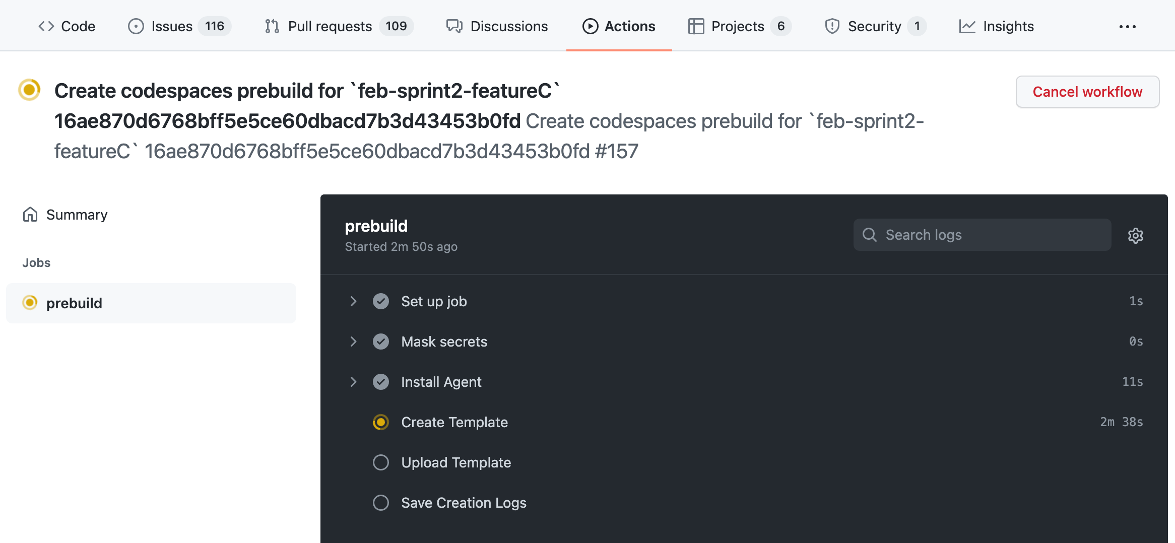 Capture d’écran de la sortie du workflow de prébuild sous l’onglet « Actions » de GitHub.