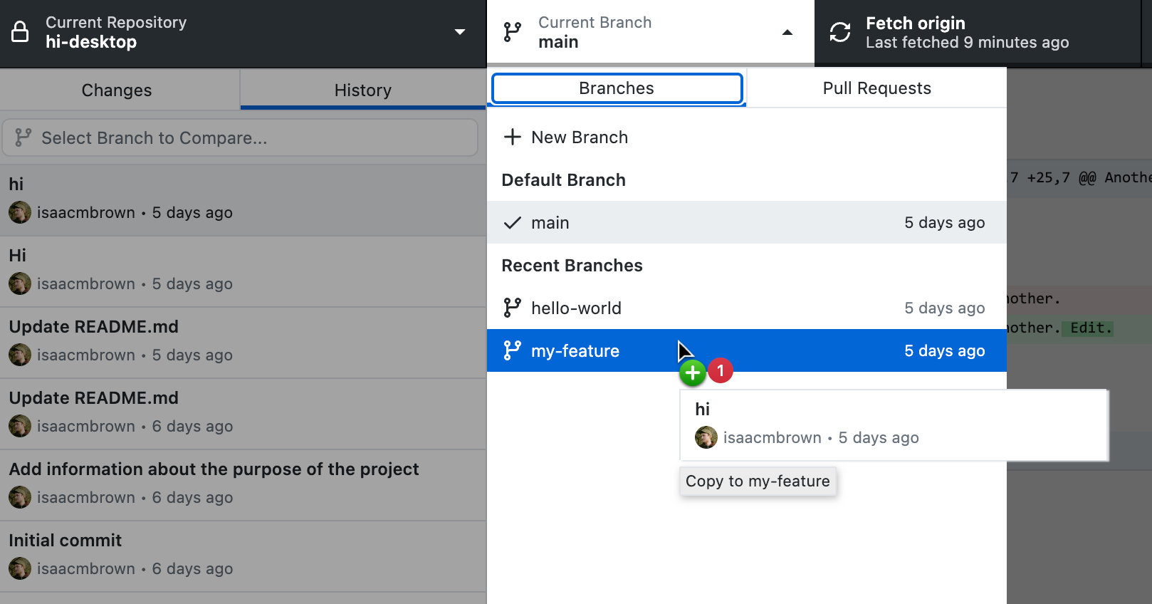 Screenshot der Registerkarte „History“ und des Dropdownmenüs „Current Branch“. Der Cursor schwebt über „my-feature“, und die „Plus-eins“-Symbole zeigen einen zusätzlichen Commit an.