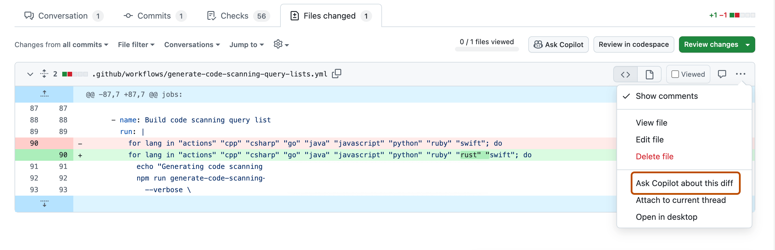 Screenshot: Registerkarte „files changed“ eines Pull Request. Die Option „Ask Copilot about this diff“ ist rot umrandet.