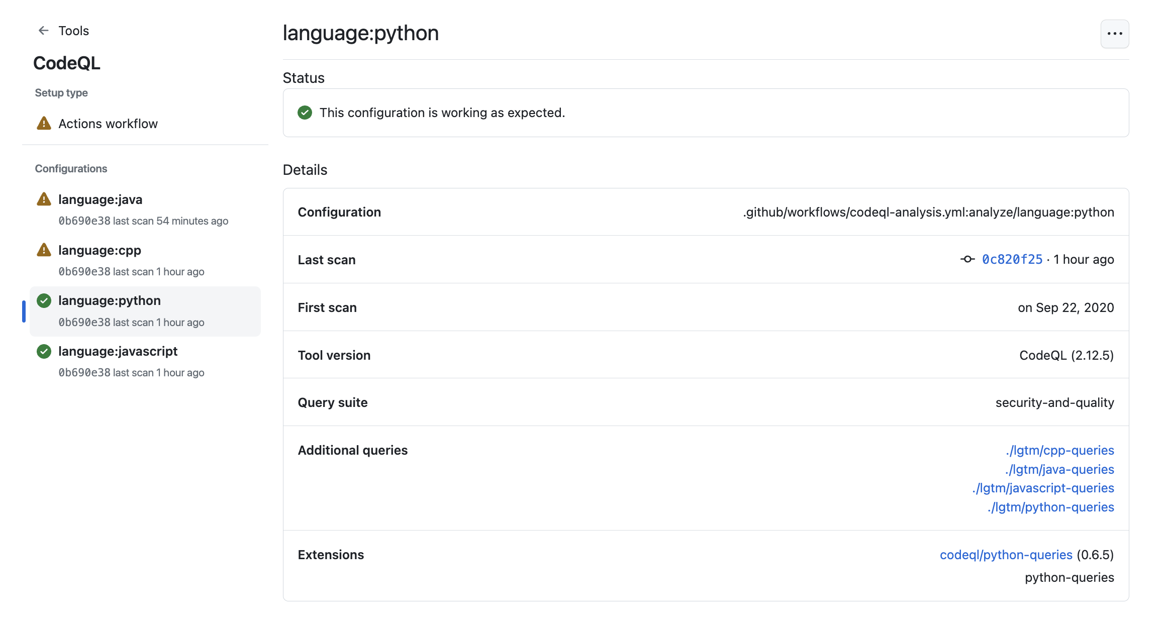 ツールのステータスページにおける CodeQL の詳細情報を示すスクリーンショット。
