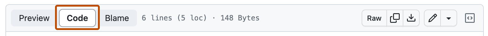 Capture d’écran d’un fichier Markdown dans un dépôt GitHub montrant les options d’interaction avec le fichier. Un bouton étiqueté « Code » est indiqué en orange foncé.