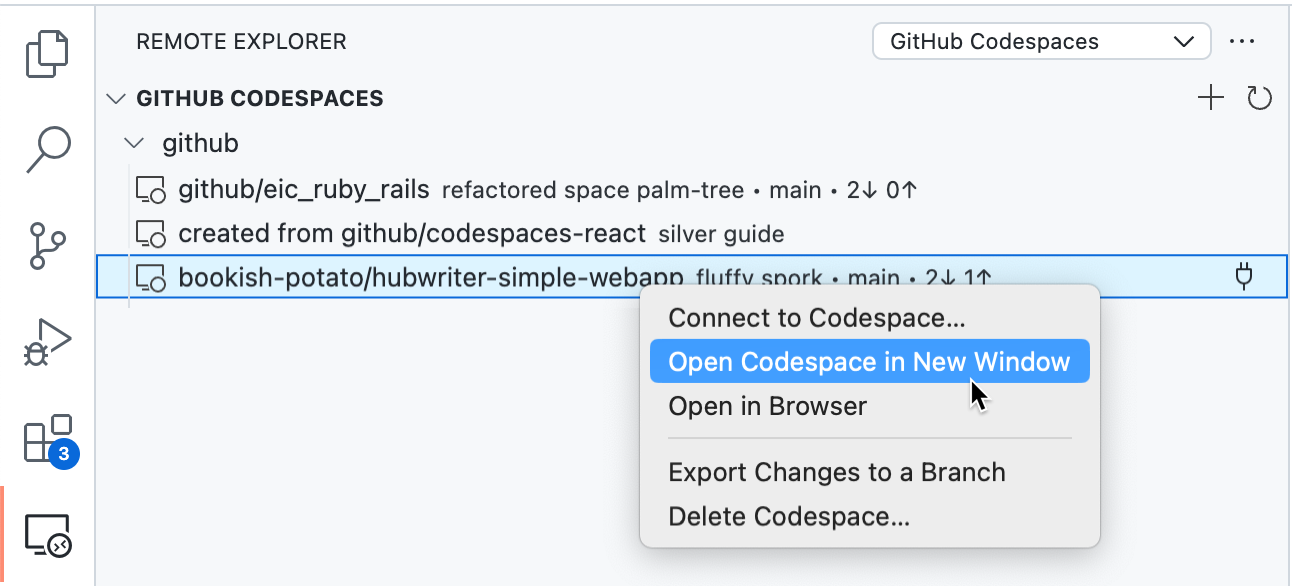 Screenshot eines im Remote-Explorer ausgewählten Codespaces mit hervorgehobener Option „Im Browser öffnen“ im Menü, das über einen Rechtsklick aufgerufen wird