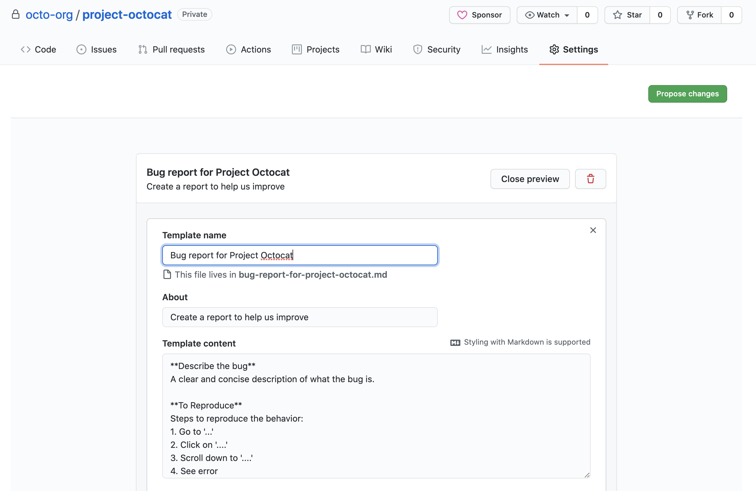 Capture d’écran du formulaire pour créer un modèle de problème. Les champs sont remplis pour créer un modèle nommé « Rapport de bogues pour Project Octocat ».