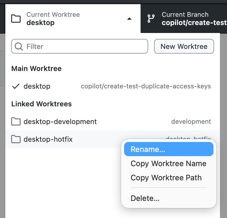 Screenshot of a context menu on a worktree item on a Mac, with Rename, Copy Name, Copy Path, and Delete options.
