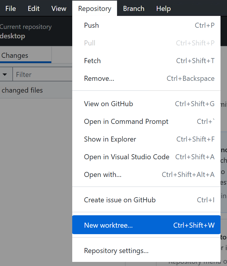 Screenshot of the "Repository" dropdown menu on Windows. The "New worktree" option is highlighted in blue.