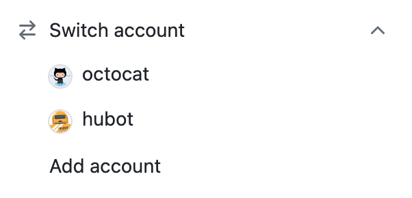 Captura de tela do menu "Switch account" com três opções, "octocat", "hubot" e "Add account".