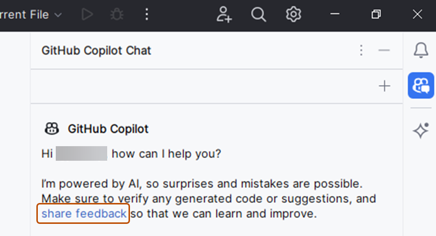 Screenshot des Links zum Teilen von Feedback im Copilot Chat-Fenster.