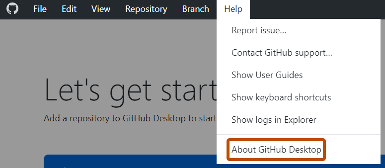 Снимок экрана: строка меню "GitHub Desktop" в Windows. В раскрывающемся меню "Справка" параметр "О GitHub Desktop" описан оранжевым.