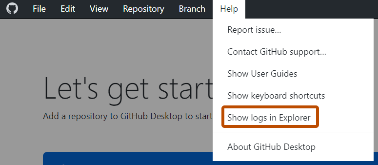 Capture d’écran de la barre de menus « GitHub Desktop » sur Windows. Dans le menu déroulant « Aide » développé, « Afficher les journaux dans l’Explorateur » est encadré en orange.