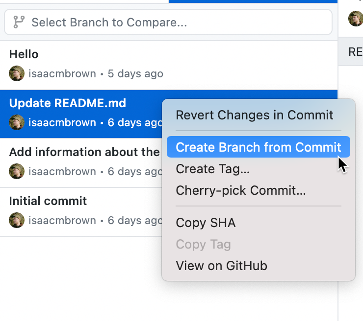 Screenshot einer Liste von Commits im Tab „Verlauf“. Neben einem Commit befindet sich im Kontextmenü die Option „Branch aus Commit erstellen“.