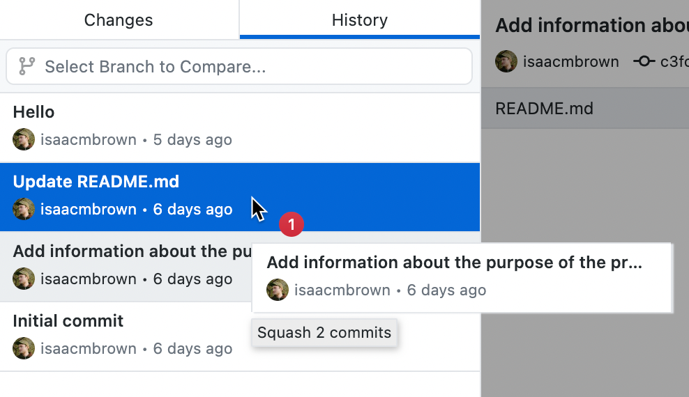Capture d’écran d’une liste de validations sous l’onglet « Historique ». Le curseur pointe sur une validation, mise en surbrillance en bleu. Une infobulle affiche « Squash 2 commits ».