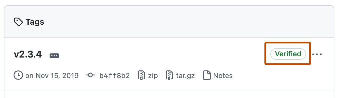 Captura de tela de uma tag na lista de tags de um repositório. A opção "Verificado" é realçada com um contorno laranja.