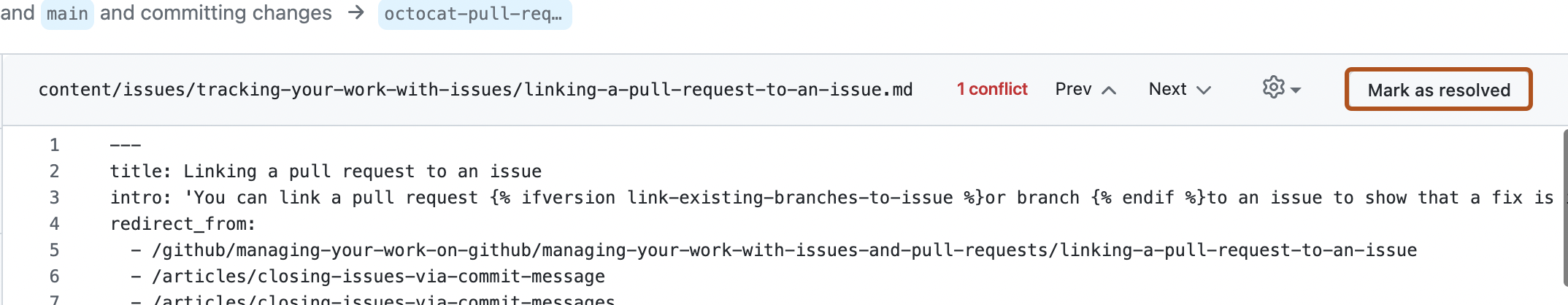 Screenshot des Editors zur Auflösung eines Mergekonflikts in einem Pull Request. Die Schaltfläche „Als behoben markieren“ ist dunkel-orange umrandet.