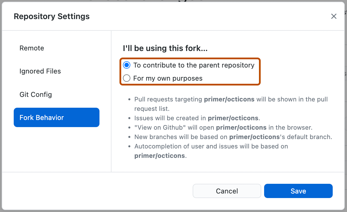Screenshot des Bereichs „Forkverhalten“. Zwei Optionsfelder „To contribute to the parent repository“ und „For my own purposes“ sind orange umrandet.