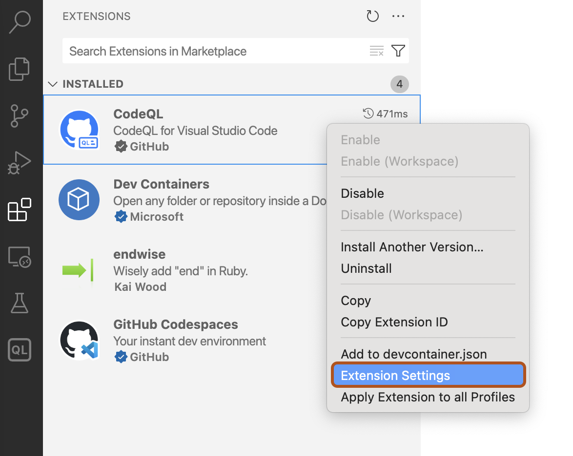 Capture d’écran de la vue « Extensions », avec le menu contextuel affiché et « Paramètres d’extension » surligné en orange foncé.
