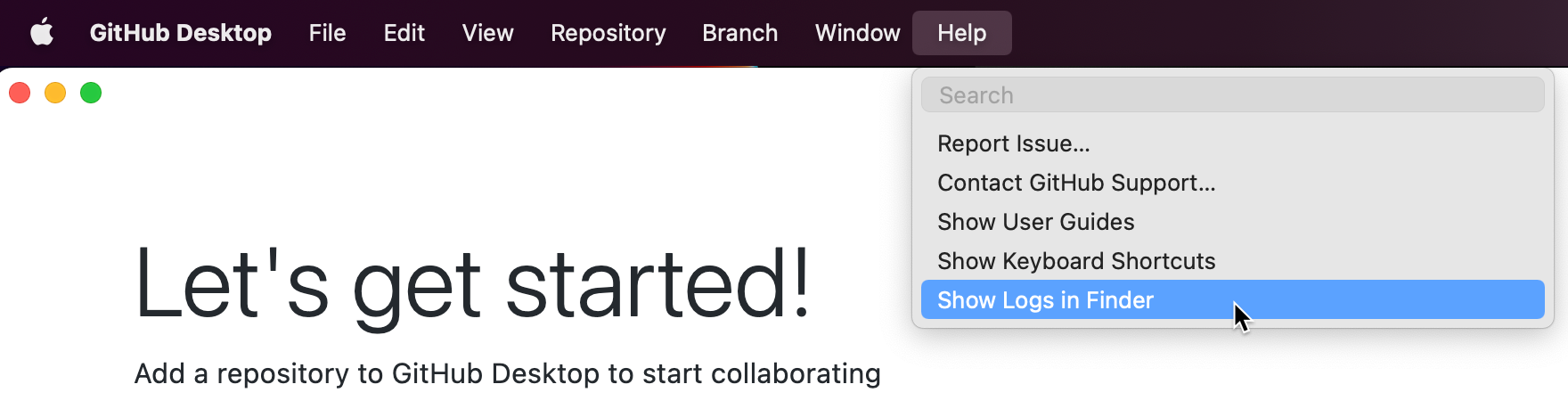 Capture d’écran de la barre de menus « GitHub Desktop » sur un Mac. Dans le menu déroulant « Aide », l'option « Afficher les journaux dans le Finder » est surlignée en bleu.
