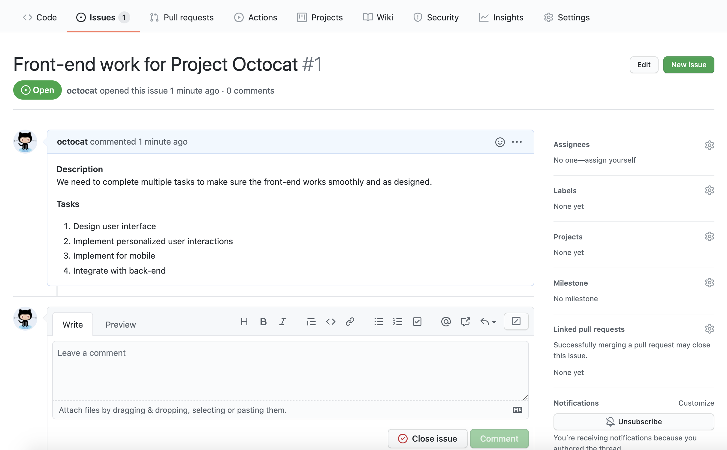Capture d’écran d’un problème appelé « Travail front-end pour Project Octocat ». Le corps du problème comprend une liste de tâches à effectuer.