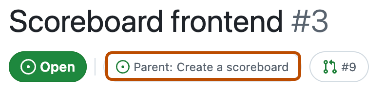 Screenshot des Headers eines untergeordneten Issues. Der Link zum übergeordneten Issue („Übergeordnetes Element: Scoreboard erstellen“) ist mit einem Rahmen in Orange hervorgehoben.