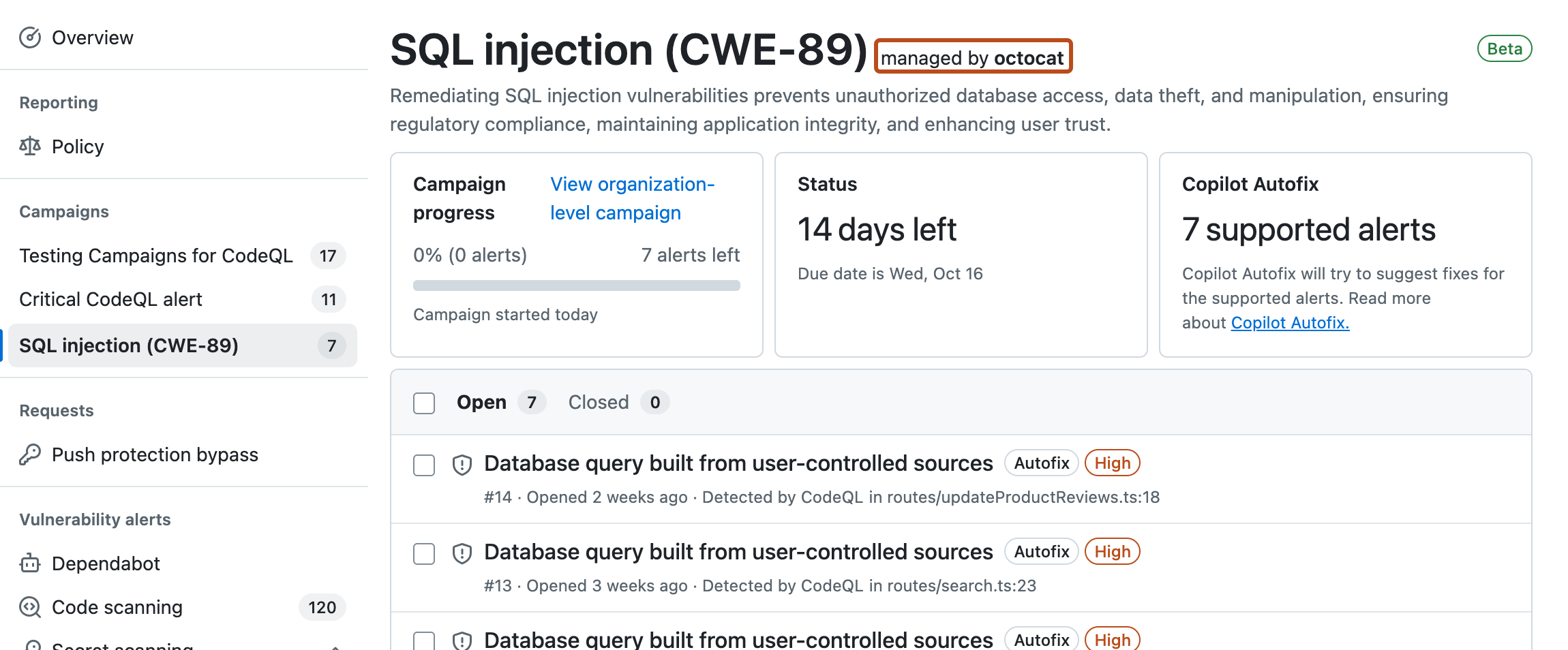 Captura de pantalla de la vista de campañas del repositorio que muestra la campaña "SQL injection (CWE-89)" y "Campaign manager" resaltada en naranja oscuro.