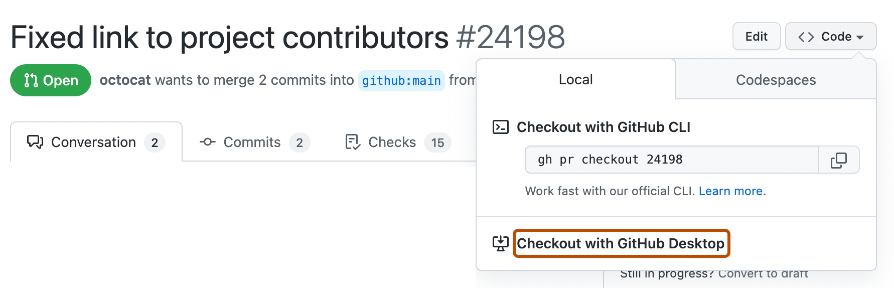 Captura de tela de uma solicitação de pull no GitHub. O menu suspenso “Código” está aberto, e o botão “Checkout com o GitHub Desktop” está destacado em laranja.