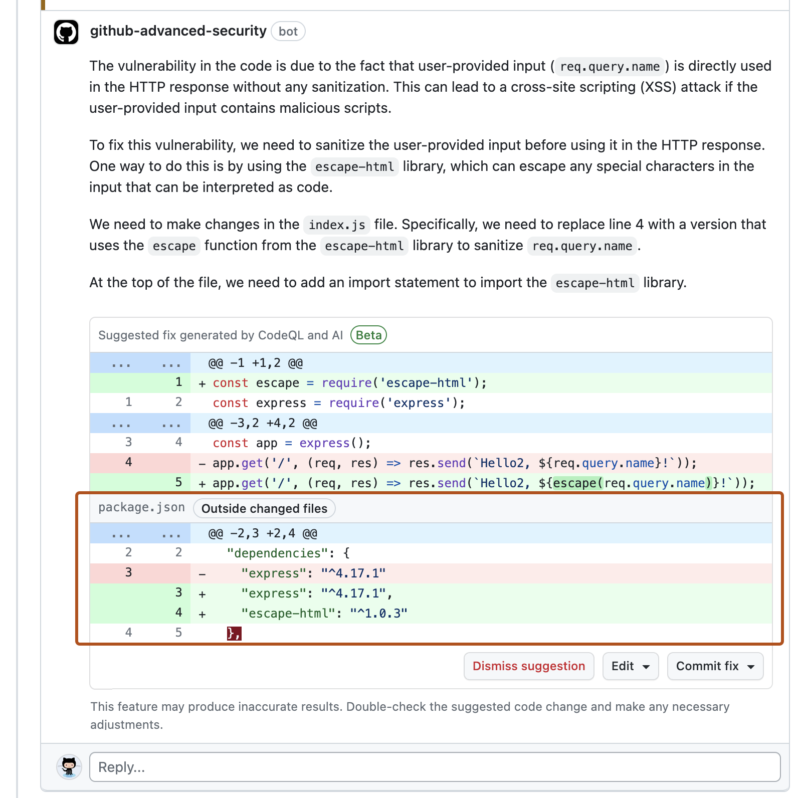 현재 파일 편집을 위한 Copilot Autofix 제안 스크린샷. 진한 주황색으로 "package.json"의 제안된 변경 내용이 간략하게 설명되어 있습니다.