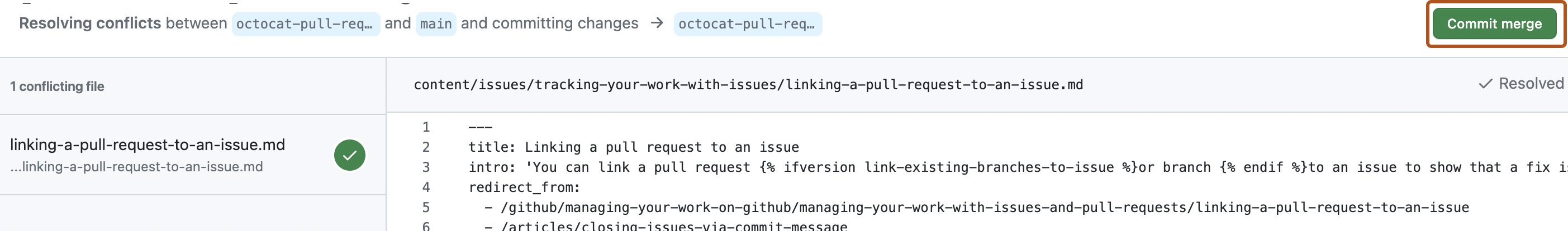 Screenshot des Editors zur Auflösung eines Mergekonflikts in einem Pull Request. Die Schaltfläche „Merge-Commit“ ist mit einem dunkelorangen Rand versehen.