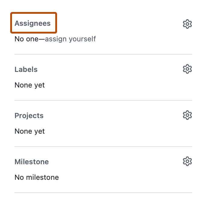 Screenshot der rechten Randleiste eines Issues. Eine Kopfzeile mit der Bezeichnung „Assignees“ ist dunkel-orange eingerahmt.