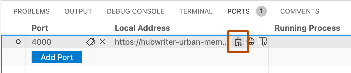 Screenshot des Panels „Ports“, Das Symbol zum Kopieren der URL eines weitergeleiteten Ports ist mit einem orangefarbenen Rahmen hervorgehoben.