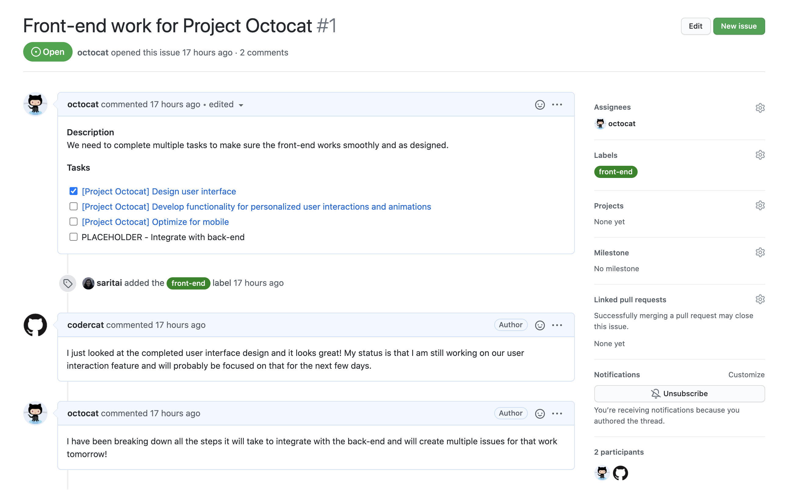 Capture d’écran d’un problème appelé « Travail front-end pour Project Octocat ». Les commentaires de @codercat et de @octocat fournissent des actualisations sur l’état du travail.