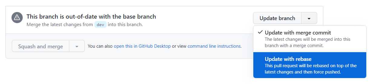 Capture d'écran de la section de fusion d'un pull request. Le menu déroulant est développé et affiche les options « Mettre à jour avec commit de fusion » et « Mettre à jour avec rebasage ».