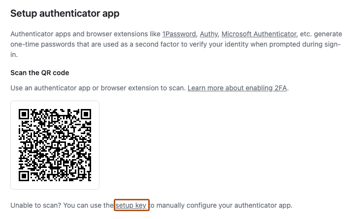 Capture d’écran de la section « Configurer l’application d’authentification » des paramètres de 2FA. Un lien, intitulé « clé d’installation », est mis en surbrillance en orange.