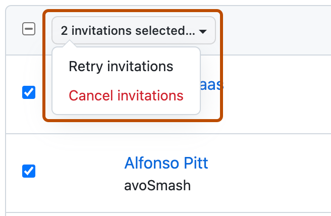 [失敗した招待] タブのリストのスクリーンショット。 一覧の上の [2 invitations selected] というラベルが付いたドロップダウン メニューが枠線で囲まれています。