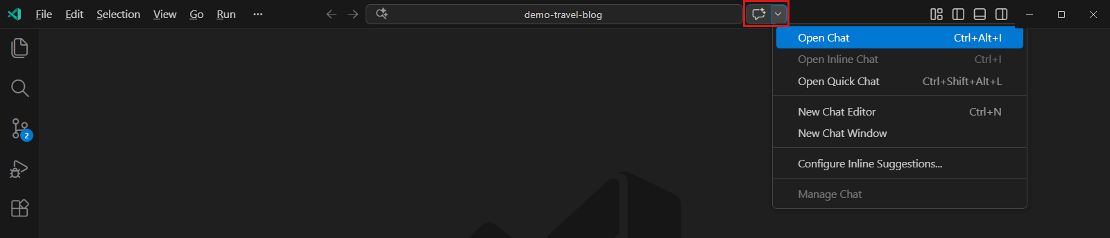 Screenshot der Schaltfläche „Copilot Chat“, die mit einem dunkelorange farbenen Rahmen hervorgehoben ist.