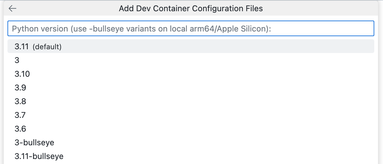 Screenshot der Dropdownliste "Add Dev Container Configuration Files" mit verschiedenen Versionen von Python 3.