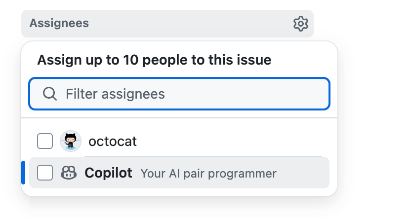 Screenshot: Fenster „Assignees“ für ein Issue. Copilot ist in der Liste verfügbar.