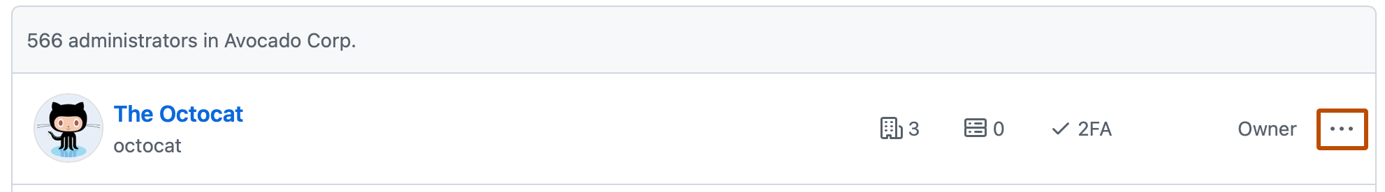 Captura de pantalla de un usuario en la lista de administradores. Un menú desplegable con la etiqueta de un icono de kebab está resaltado con un contorno naranja.