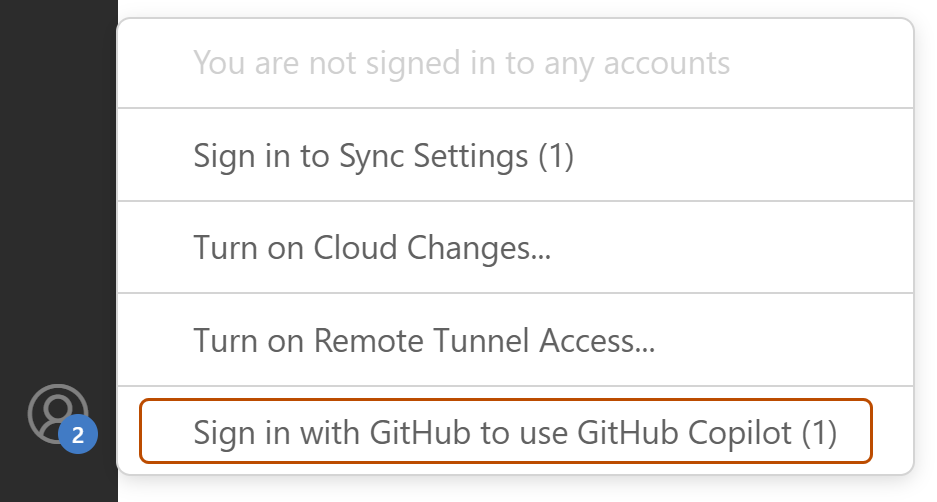 Screenshot des Menüs „Konten“ in Visual Studio Code. Die Option „Mit GitHub anmelden, um GitHub Copilot zu verwenden“ (1) ist dunkelorange umrandet.