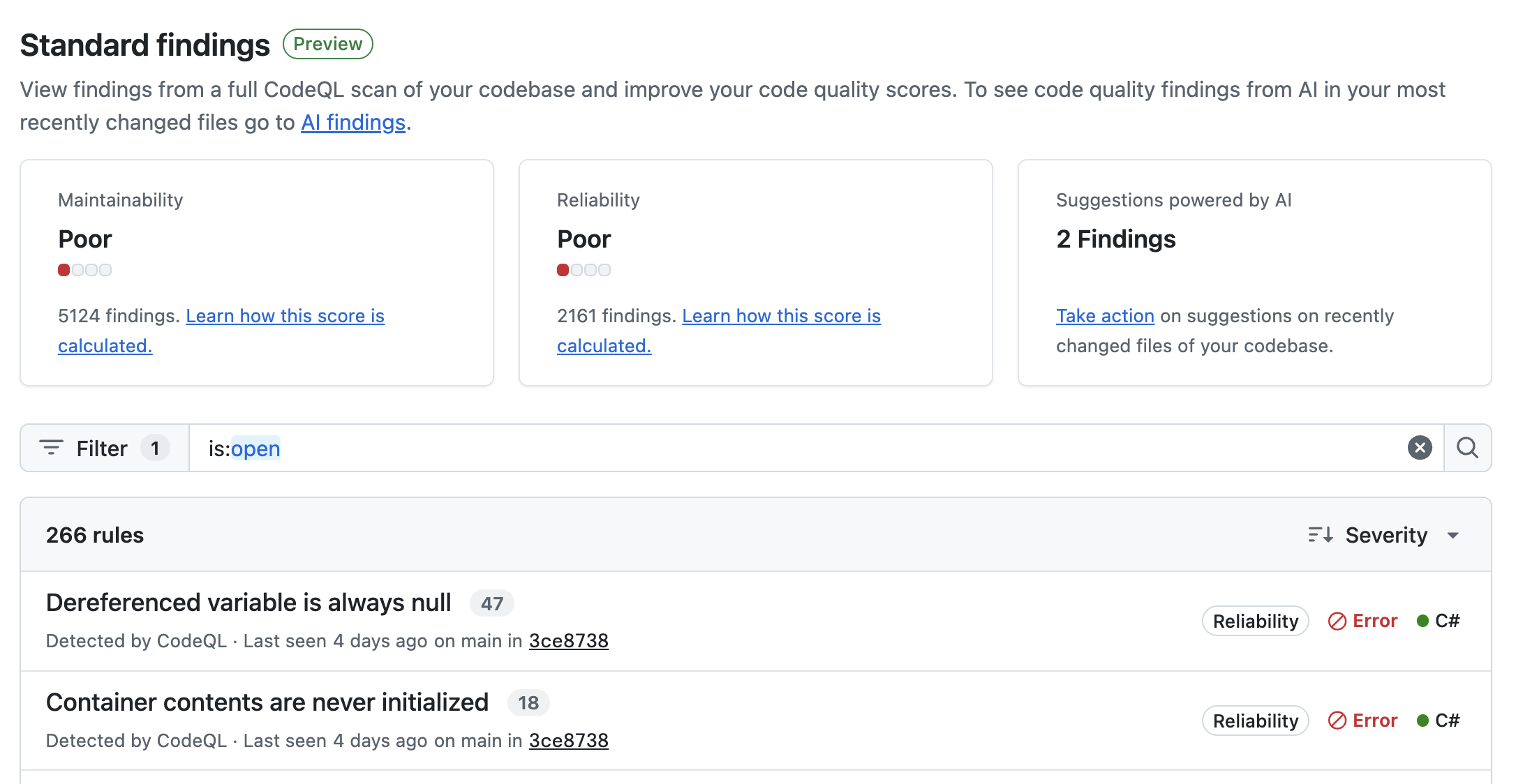 Screenshot der Bewertungen zur Code-Qualität in der Ansicht „Standardergebnisse“ für Code Quality.