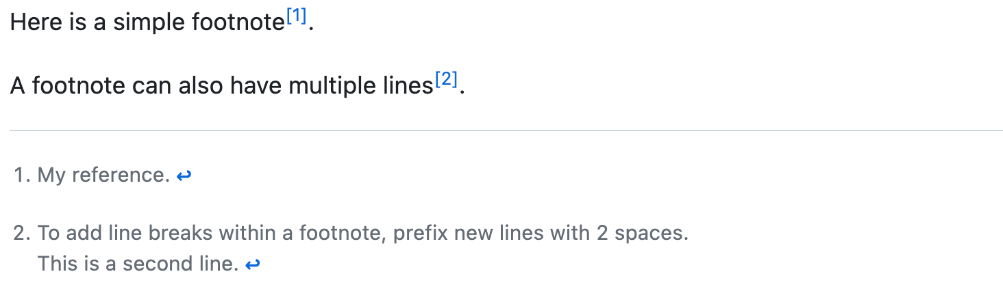 Capture d'écran du Markdown rendu montrant des numéros en exposant utilisés pour indiquer les notes de bas de page, ainsi que des sauts de ligne facultatifs dans une note.