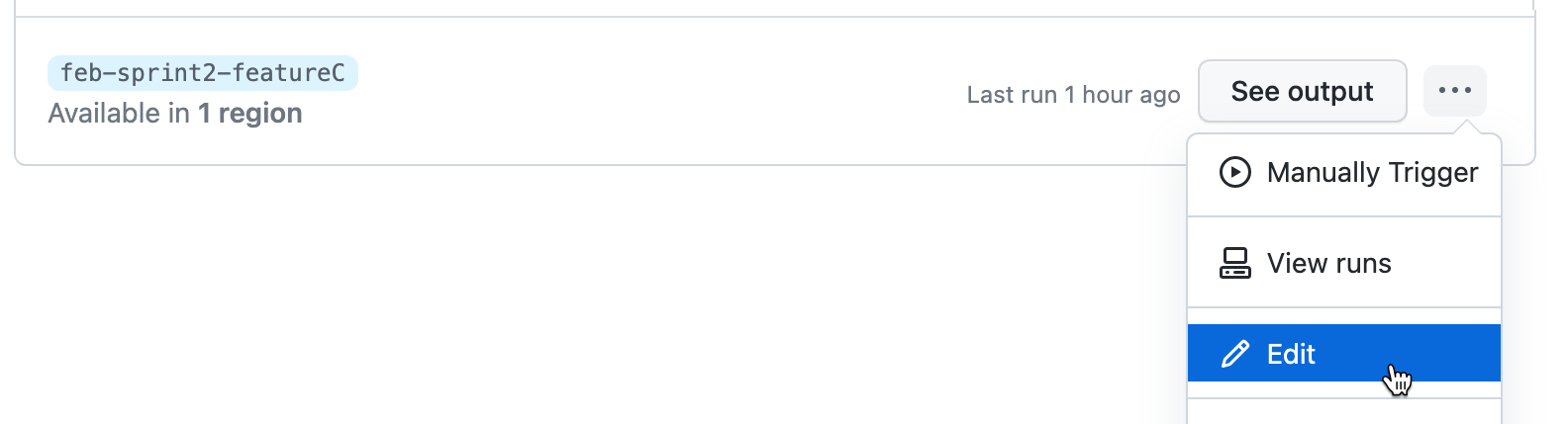 Capture d’écran du menu déroulant des options pour une configuration, montré par un clic sur un bouton représenté par trois points. L’option « Modifier » est sélectionnée.