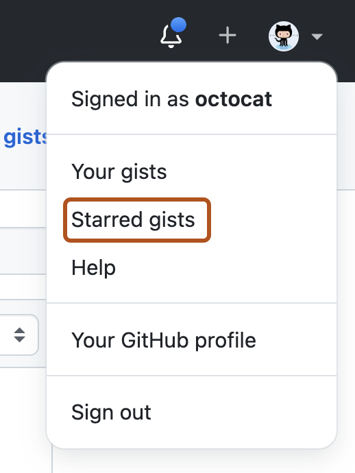 ユーザーのアカウント メニューのスクリーンショット。 メニュー項目「Starred gists」は濃いオレンジ色の枠線で囲まれています。