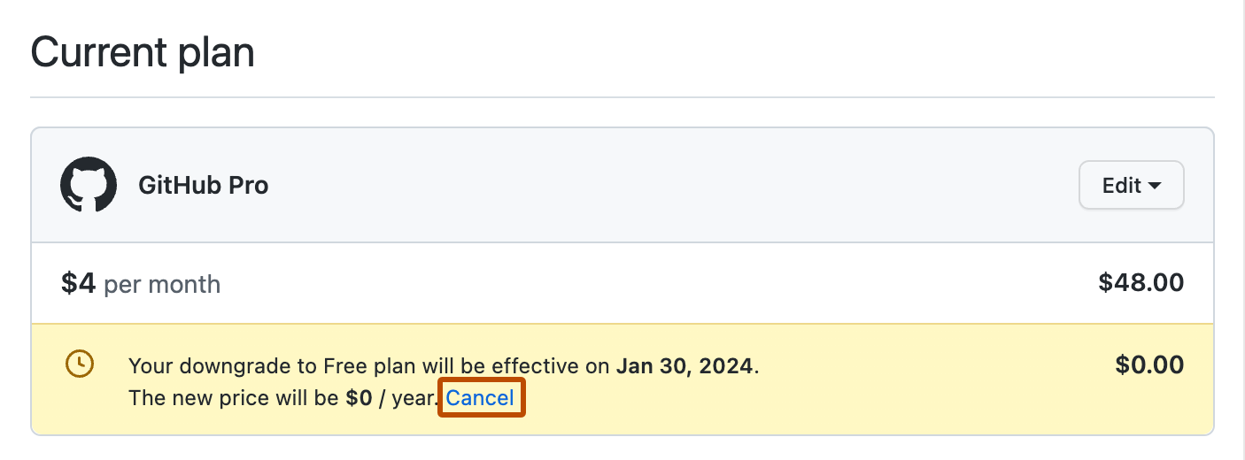 Capture d’écran de la section « Plan actuel ». Après le texte « Le nouveau prix sera de 0 $/an », un lien intitulé « Annuler » est mis en évidence avec un contour orange.