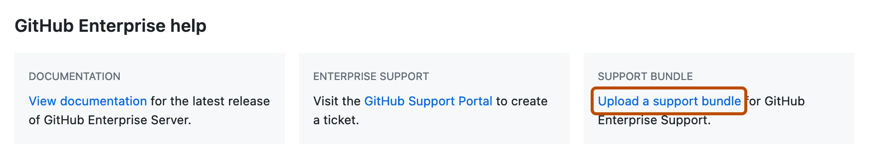 Captura de pantalla de la sección "ayuda de GitHub Enterprise" de la página de configuración de empresa. El vínculo "Cargar un paquete de soporte técnico" está resaltado en naranja.