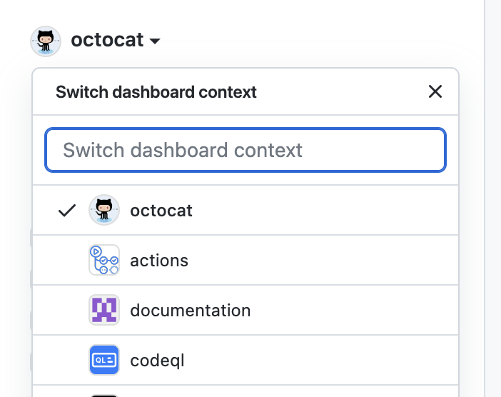 Screenshot des Menüs „Switch dashboard context“ für ein persönliches Konto. Im Menü sind die Organisationen aufgelistet, die mit dem persönlichen Konto verknüpft sind.