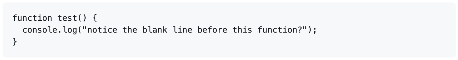 Screenshot des gerenderten GitHub Markdown-Codes, der die Verwendung von dreifachen Backticks zur Erstellung von Codeblöcken zeigt. Der Block beginnt mit „function test() {.“