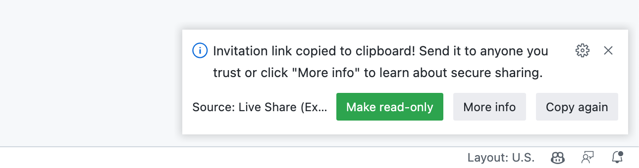 Screenshot einer Popupnachricht: „Einladungslink in die Zwischenablage kopiert!“ Es gibt drei Schaltflächen: „Als schreibgeschützt festlegen“, „Weitere Informationen“ und „Erneut kopieren“.