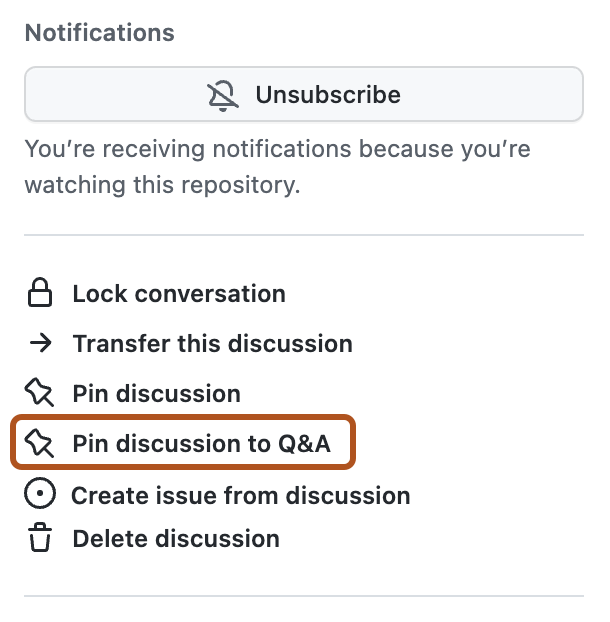 Screenshot der rechten Randleiste einer Diskussion. Die Option „Diskussion mit Q&A verknüpfen“ ist dunkelorange hervorgehoben.