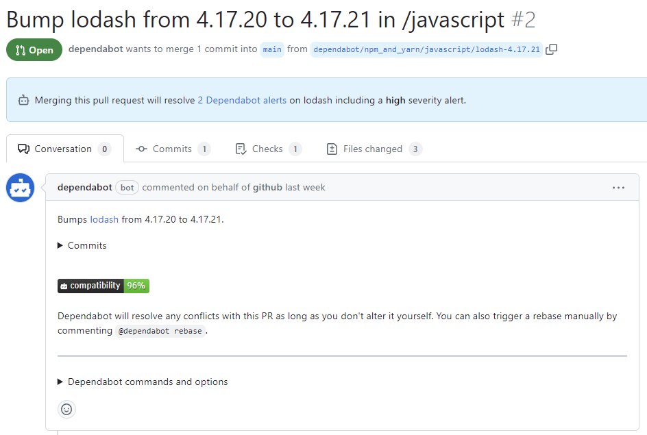 Capture d’écran de la pull request générée par Dependabot pour corriger la vulnérabilité mise en évidence par l’alerte sélectionnée.